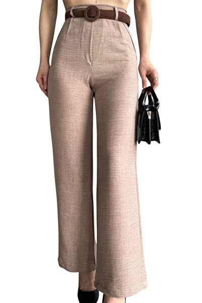 TUBA TOPTAŞ Λινό Παντελόνι με Ζώνη στη Μέση - Καφέ