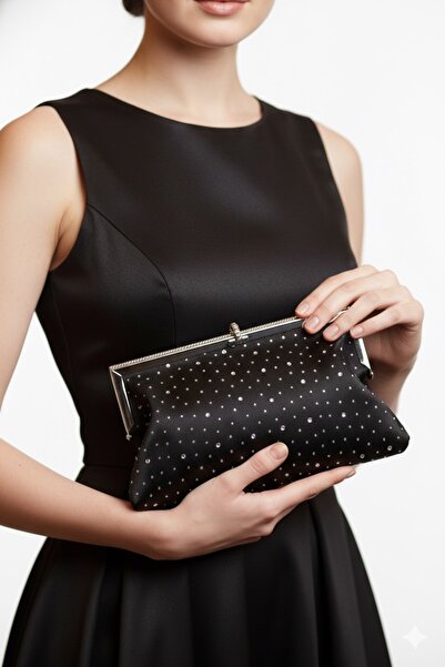 mossi Women's Metal Framed Stone Detailed Chain Evening Dress Clutch Bag