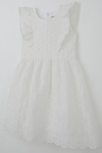 Breeze Girl's Dress Floral Embroidered Lace Ruffle Detail Back Zipper 7-12 Years Old, Ecru
