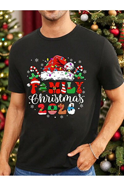 BG BASKI ATÖLYESİ Yeni Yıl Temalı Merry Christmas Aile 2026 Baskılı Unisex Basic Bisiklet Yaka Tişört