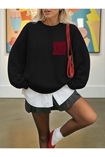 ArtYus Unisex Long Sleeve Good Vibes Only Transfer Printed Plus Size Crew Neck Sweatshirt