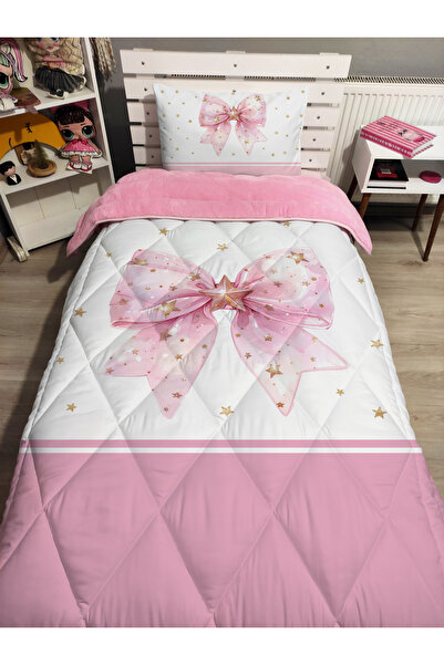 yok yok evim eve dair her şey Welsoft Double-Sided Single Person Stylish Ribbon Bow Butterfly Patterned Single Quilt Sleep Set