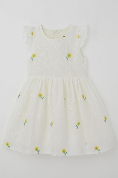 Breeze Rochie pentru fetiță cu broderie florală și detaliu din guipură, 3-7 ani, ecru