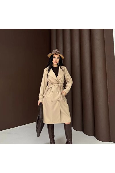 Mivelya Kadın Kemereli Astarlı Trençkot Bondit Kumaş