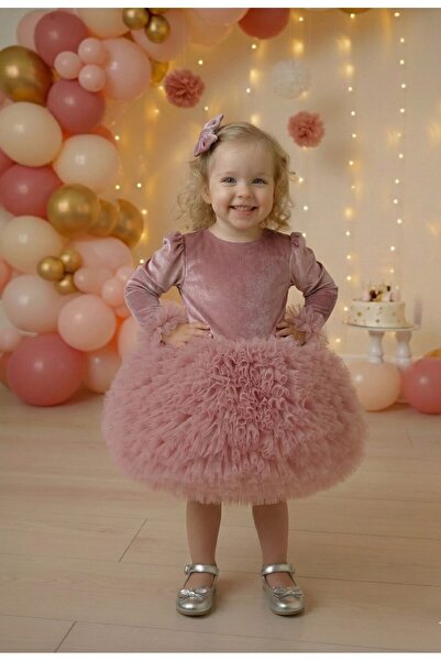 penu baby kids Dusty Rose Velvet Fabric Long Sleeve Tutu Baby Girl Dress - Velvet