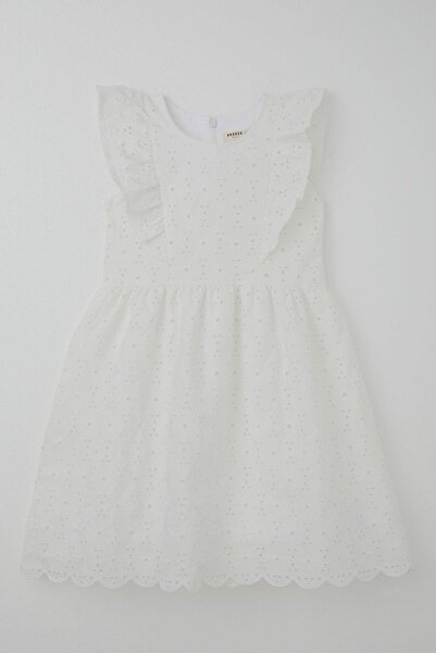 Breeze Girl's Dress Floral Embroidered Lace Ruffle Detail Back Zipper 7-12 Years Old, Ecru