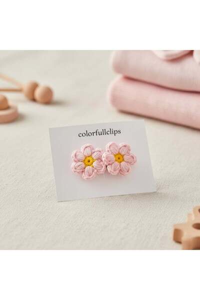 COLORFULLCLİPS Hand Knitted Daisy Baby Hair Clip for Thin Hair Pink