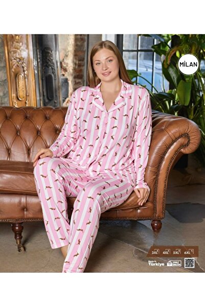 Hirazenmoda Plus Size Women's Buttoned Pajama Set – Stretchy Fabric 3Xl-6Xl