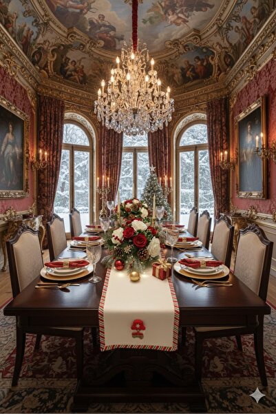 Durushe Runner pentru masă premium de Anul Nou – Runner decorativ pentru masă de Anul Nou, realizat manual, cu 2 figuri de Crăciun