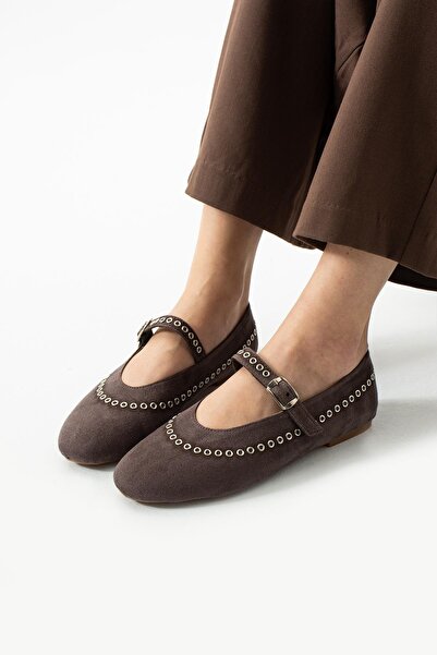 dabab shoes Lùnary Bitter Brown Round Toe Bird's Eye Detailed Buckle Mary Jane Ballet Flat Shoes
