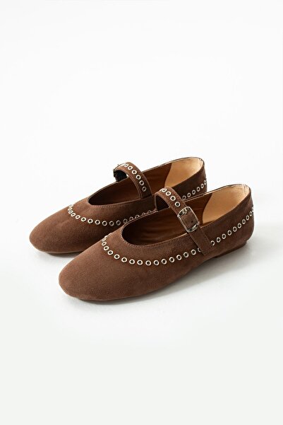 dabab shoes Lùnary Brown Round Toe Bird's Eye Detailed Buckle Mary Jane Ballet Flat Shoes