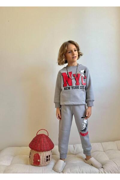 RAPAPA Boy's Nyc Printed Gray 3 Thread Ş Fleece-Lined Tracksuit Set – Warm & Comfortable 4127g
