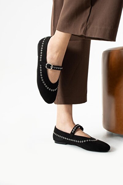 dabab shoes Lùnary Black Round Toe Bird's Eye Detailed Buckle Mary Jane Ballet Flat Shoes