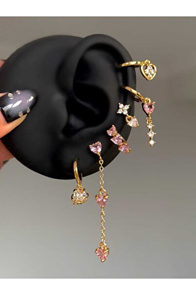 h&b design jewel Çelik Gold Pembe Kalpli 6 Lı Küpe Seti