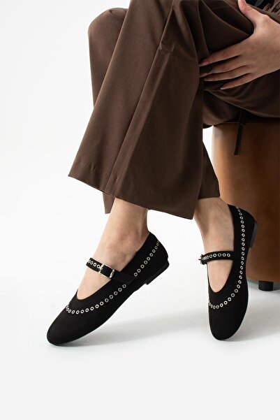 dabab shoes Lùnary Black Round Toe Bird's Eye Detailed Buckle Mary Jane Ballet Flat Shoes