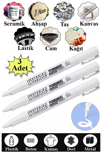 Artlantis Beyaz Keçeli Kalem 3 Adet Kalıcı Marker Kalem Yağ Bazlı Cam Metal S...