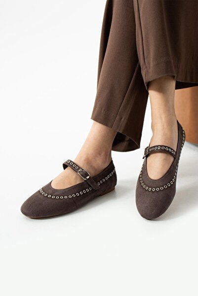dabab shoes Lùnary Bitter Brown Round Toe Bird's Eye Detailed Buckle Mary Jane Ballet Flat Shoes