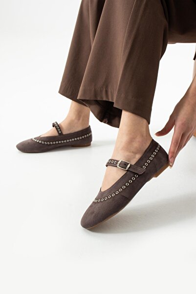 dabab shoes Lùnary Bitter Brown Round Toe Bird's Eye Detailed Buckle Mary Jane Ballet Flat Shoes