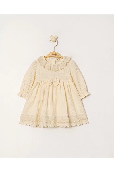 MİNİBORN Stylish Cotton Ecru Baby Girl Dress with Lace Detail