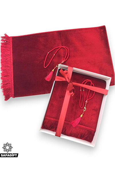 Safa Gift Luxury Dowry Gift Prayer Rug and Rosary Set, Velvet Textured, Soft, Stylish and Fringed Prayer Mat