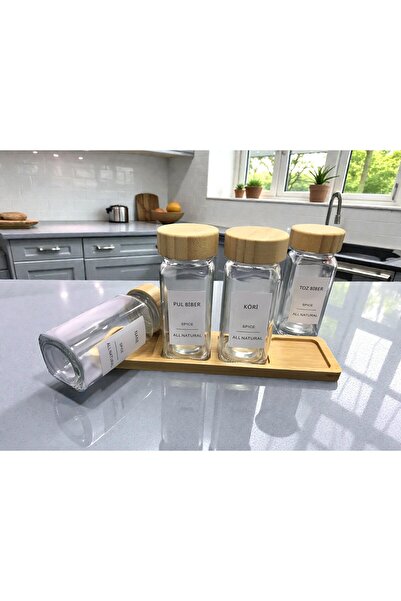 Flash Bazaar 4-Piece Square Glass Spice Jar Set with Bamboo Lids / 4 Pieces with Labels and Stand as Gift / 4-Piece Spice Set