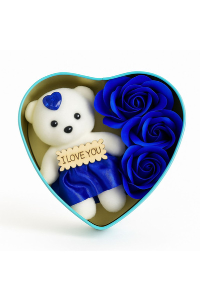 Smart Mini Floral Arrangement with 3 Scented Soap Roses and Teddy Bear (blue / red / dark red) - Gift for