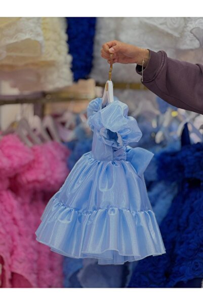 Hly Karol Tasarım Blue Balloon Sleeve Special Occasion Dress,Birthday Dress,Photography Shoot Dress,Suitable for 0-12 Years Old