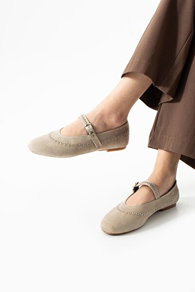 dabab shoes Lùnary Beige Round Toe Bird's Eye Detailed Buckle Mary Jane Ballet Flat Shoes