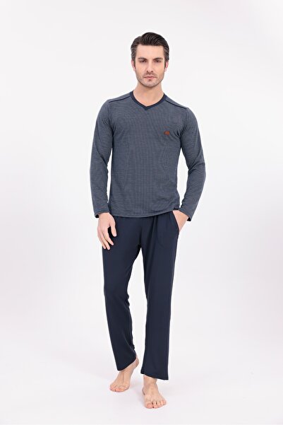 BLACKMORE Men's Navy Blue Jacquard Winter Long Sleeve Cotton Men's Pajama Set