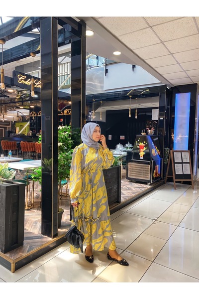 BZ BUTİK Desenli Yazlık saten Elbise – Limon Sarısı / Gri