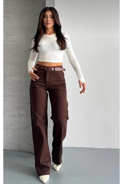 MRİABE Kahverengi Yüksekbel Straight Fit Geniş Paça Pantolon (KEMER DAHİL DEGİL)