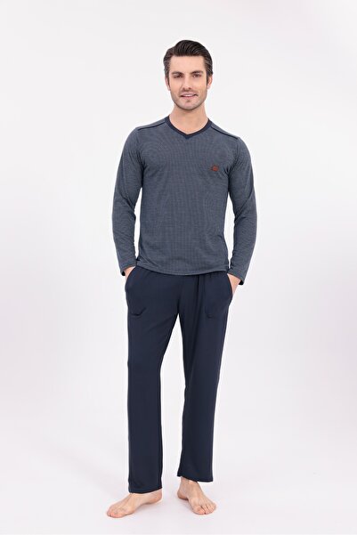 BLACKMORE Men's Navy Blue Jacquard Winter Long Sleeve Cotton Men's Pajama Set