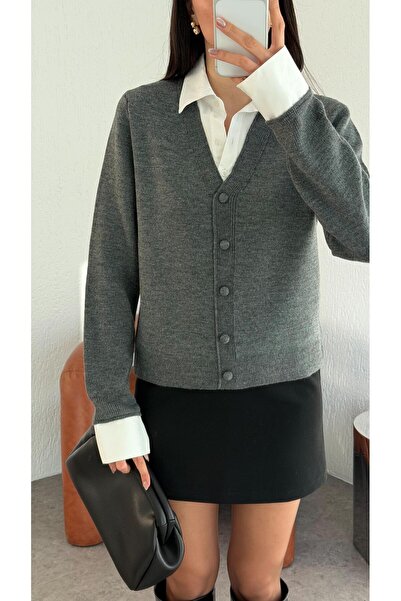 HAZELANNA Gray Shirt Cardigan