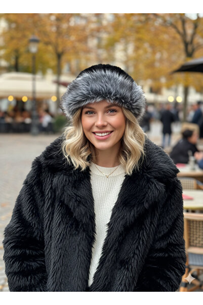 la_hatun Peluş Bere Alt Kısım Gri -Üst Kısım Siyah Her Ortamda Kullanılabilir