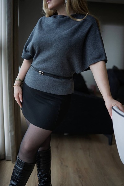 Serpirella Butik Boat Neck Batwing Sleeve Belted Knit Sweater