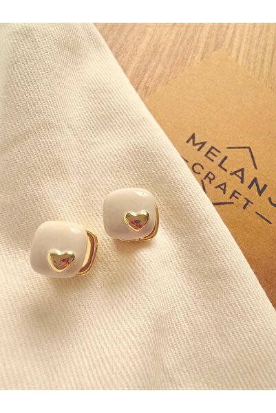 Melanj Craft White Square Steel Earrings with Heart Symbol - Gold