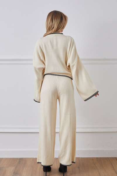 Modayıldızlar Milano Crew Neck Shepherd Stitched Sweater Pants Knitwear Two-Piece Set 2026 Ecru
