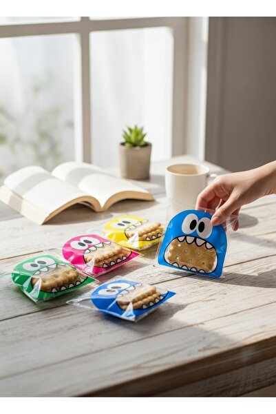 tugce shopping 100 Adet 4 Renkli Canavarlı Bantlı Şeffaf Poşet Saklama Paket Çocuk Okul Mutfak Doğum Günü Parti