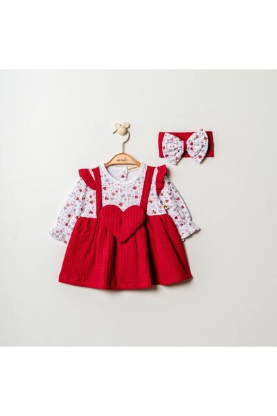 MİNİBORN Soft Cotton Floral Pattern Heart Baby Girl Dress