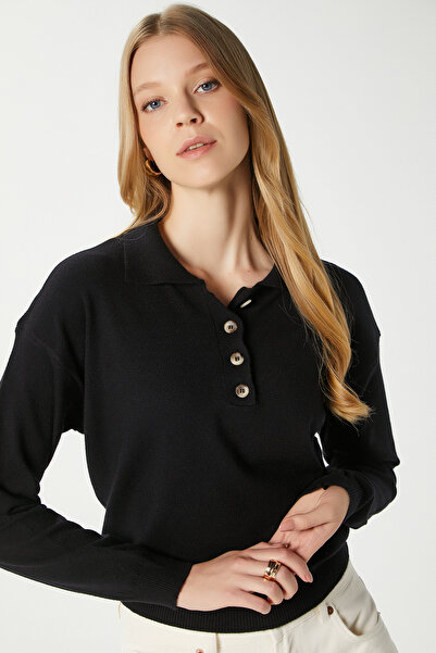 Ritnice Women's Lily Premium Yarn Polo Neck Black Knitwear Sweater