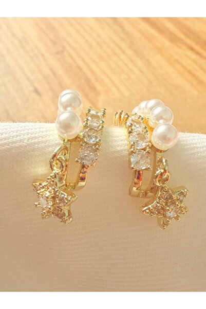 Melanj Craft Star Symbol Pearl Steel Earrings - Gold