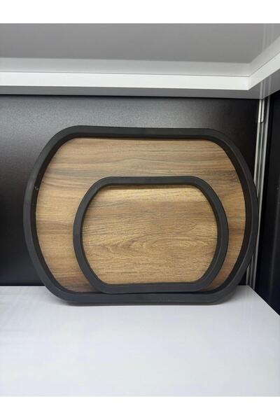 Tercih Home 2'li Ahşap Siyah Detaylı Tepsi Söz Tepsisi Sunum Tepsisi Çay Tepsisi Dekoratif Tepsi