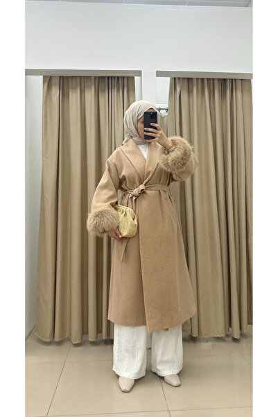 By esma eser Kürklü Kaşe Uzun Kaban - Bej