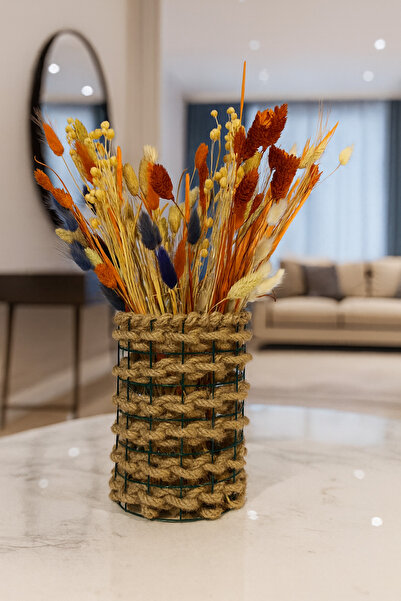 zelmur Haki metal masa üstü 15cm hasır örgülü çiçek vazosu