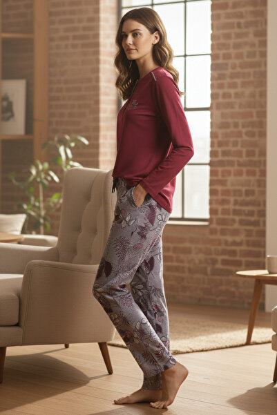 PİJAPİA Premium 100% Cotton Women's Long Sleeve Pajama Set Burgundy