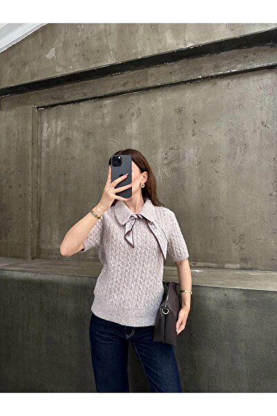 Ecenin Favorileri Model tricotat cu mânecă scurtă, bej, tricot pentru femei, cu guler de tip foulard