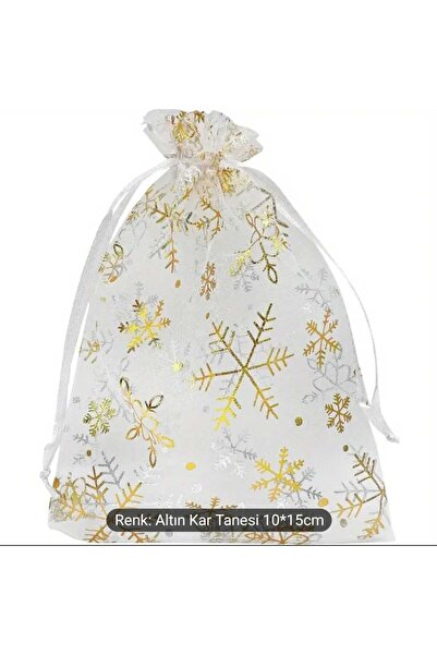 BAMİAMU Yeni Yıl temalı organze tül, 5 adet altın kar taneli bağcıklı hediyel...