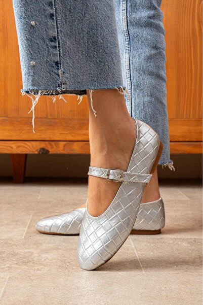 dabab shoes Lévana Women's Silver Knitted Textured Buckle Round Toe Mary Jane Ballet Flat Shoes