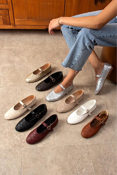 dabab shoes Lévana Women's Tan Knitted Textured Buckle Round Toe Mary Jane Ballet Flat Shoes