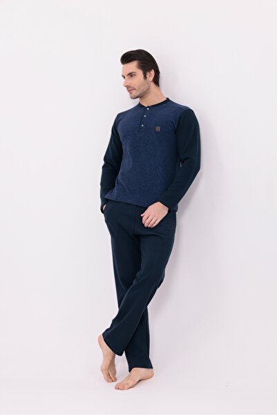 BLACKMORE Men's Blue Jacquard Winter Long Sleeve Cotton Men's Pajama Set